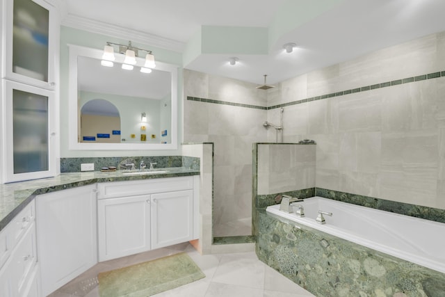 bathroom with shower with separate bathtub, vanity, tile patterned floors, and ornamental molding