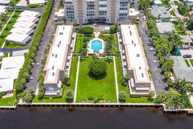 bird's eye view with a water view