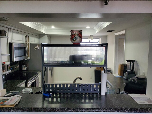 kitchen with appliances with stainless steel finishes, a raised ceiling, white cabinetry, and ornamental molding