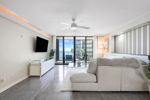 bedroom with a wall of windows, ceiling fan, access to outside, and wood-type flooring