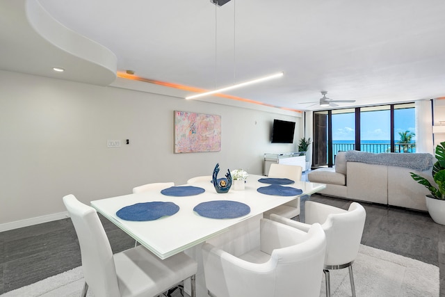 dining room with floor to ceiling windows and ceiling fan