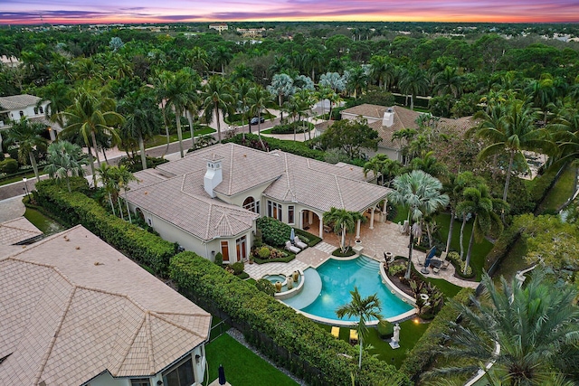 view of aerial view at dusk