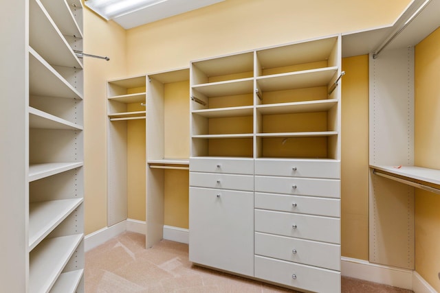 walk in closet with light carpet