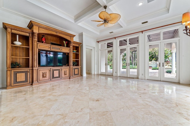 unfurnished living room with french doors, coffered ceiling, ceiling fan, beam ceiling, and ornamental molding