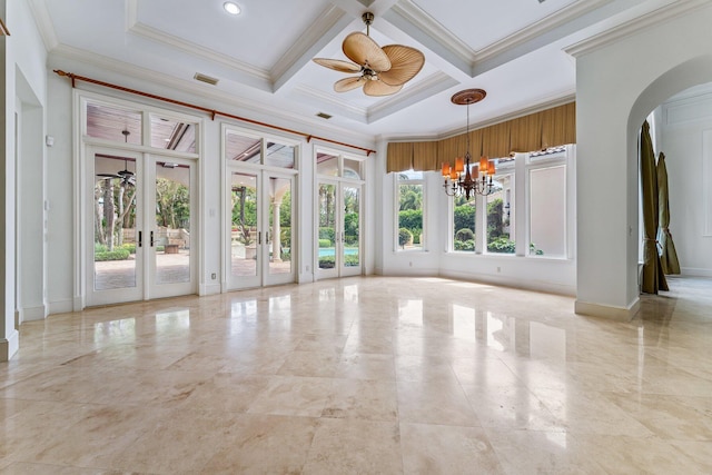 interior space featuring crown molding, french doors, ceiling fan with notable chandelier, coffered ceiling, and beam ceiling