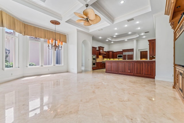 kitchen featuring beamed ceiling, coffered ceiling, ceiling fan with notable chandelier, stainless steel appliances, and hanging light fixtures