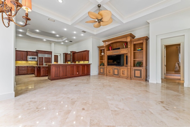 unfurnished living room featuring crown molding, coffered ceiling, beamed ceiling, and ceiling fan with notable chandelier