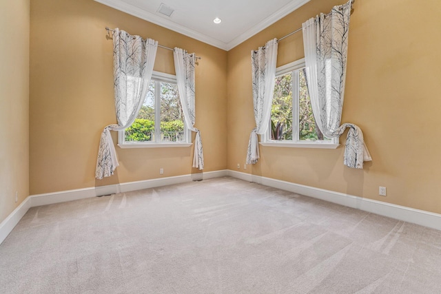 empty room with crown molding, a healthy amount of sunlight, and light colored carpet