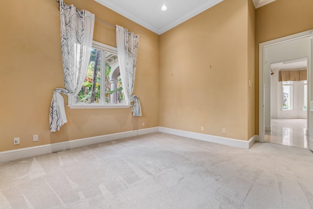 spare room with crown molding and light colored carpet