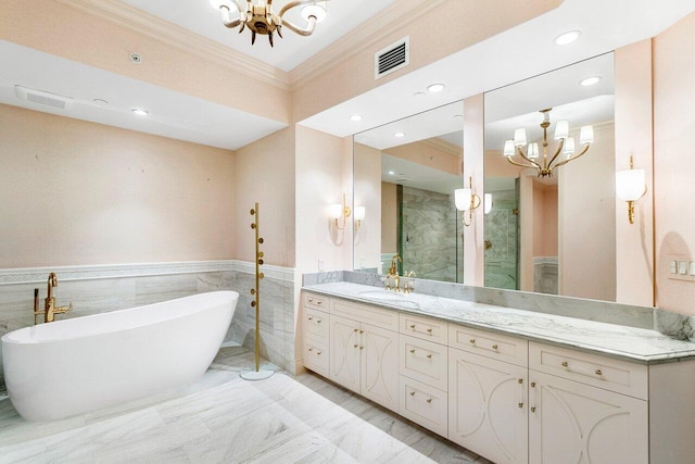 bathroom with vanity, crown molding, shower with separate bathtub, tile walls, and a chandelier