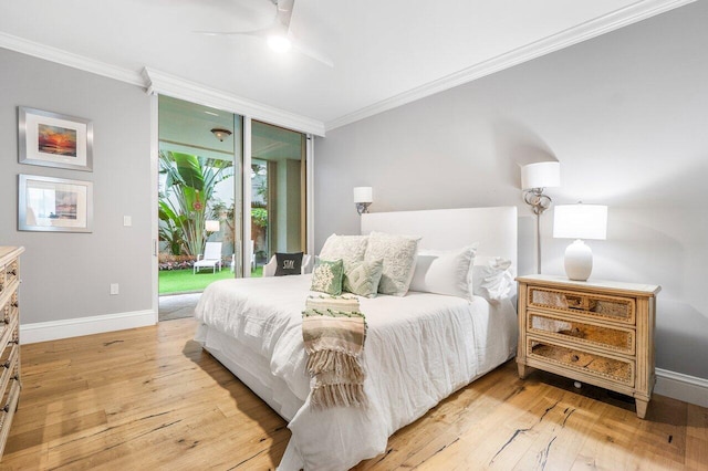 bedroom featuring access to outside, ceiling fan, crown molding, and light wood-type flooring