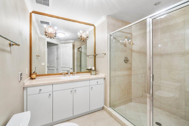 bathroom featuring toilet, vanity, an enclosed shower, and ornamental molding