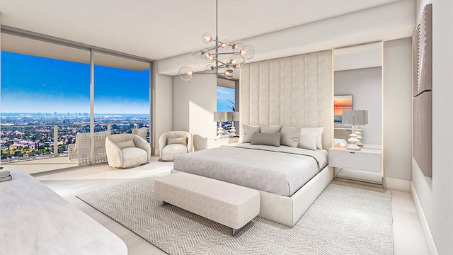 bedroom with a notable chandelier