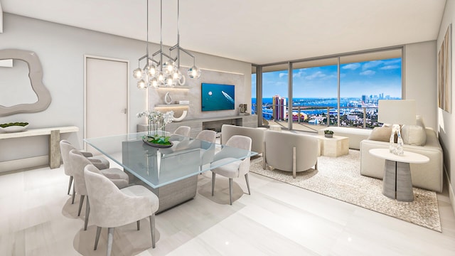 dining room featuring floor to ceiling windows and a notable chandelier