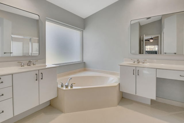 bathroom featuring lofted ceiling, vanity, tile patterned floors, and plus walk in shower