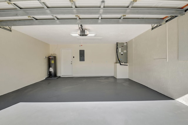 garage with electric panel, electric water heater, a garage door opener, and heating unit