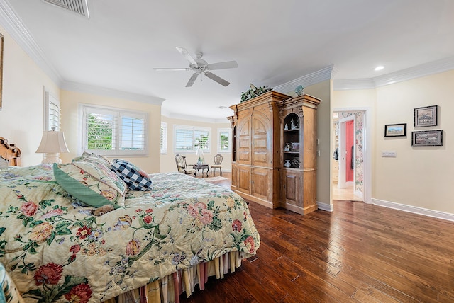 bedroom with ceiling fan, crown molding, and dark hardwood / wood-style floors