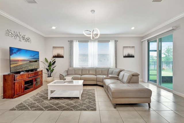 tiled living room featuring crown molding