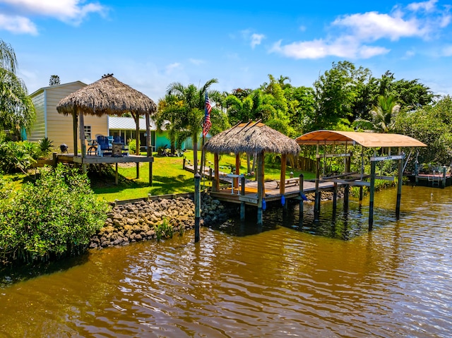 dock area featuring a water view and a gazebo