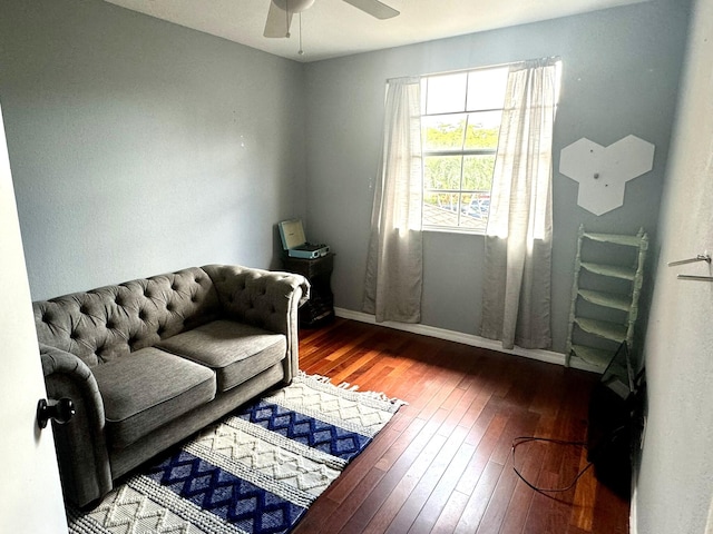 living room with ceiling fan and wood-type flooring