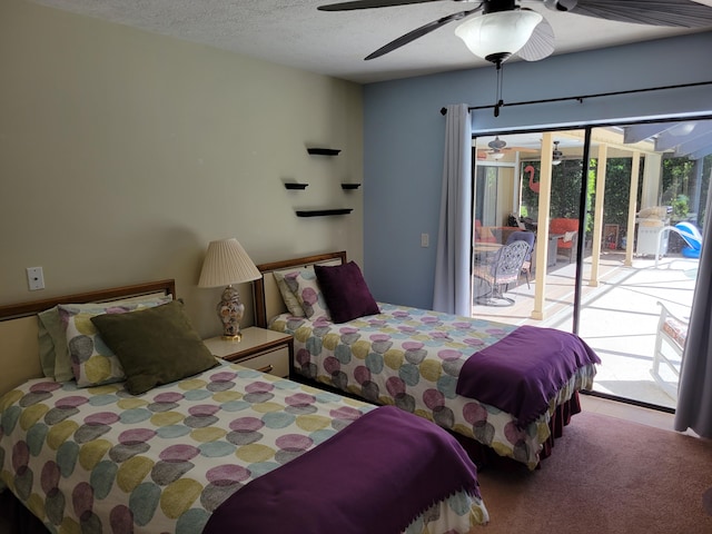 bedroom featuring access to exterior, ceiling fan, light colored carpet, and a textured ceiling