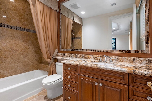 full bathroom with vanity, toilet, and shower / bathtub combination with curtain