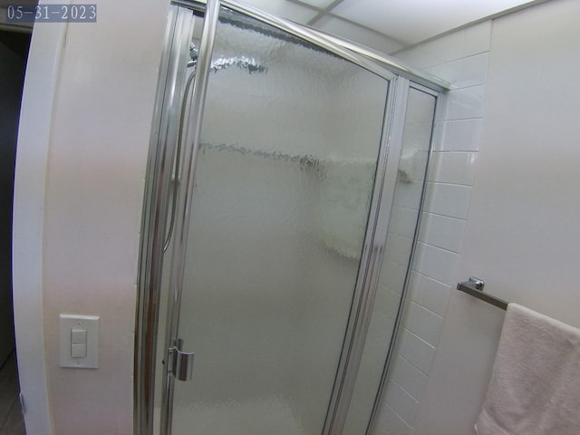 bathroom with a shower with shower door