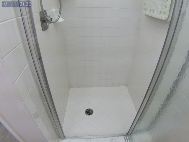 bathroom with a shower with shower door