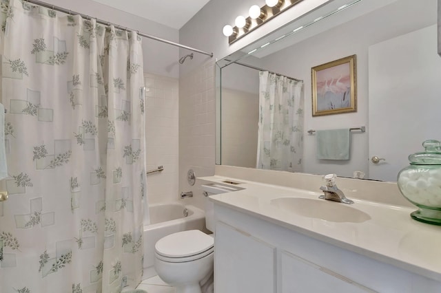 bathroom with shower / bathtub combination with curtain, toilet, and vanity