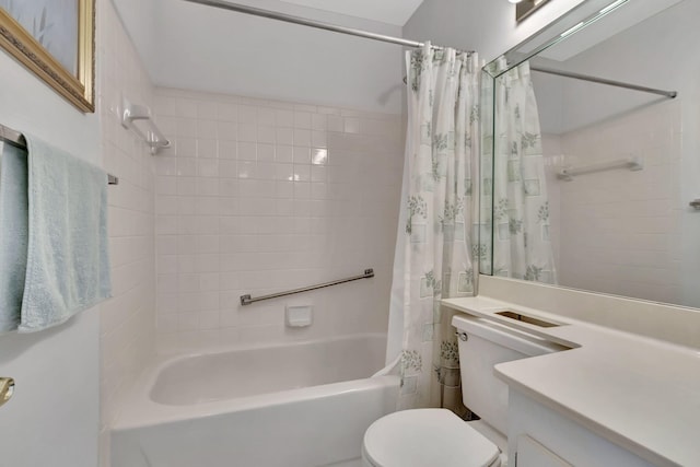 full bath with shower / bath combination with curtain, toilet, and vanity