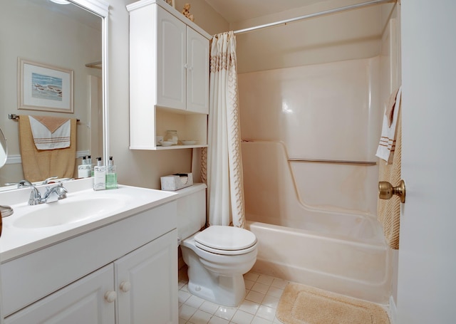 full bathroom featuring vanity, toilet, tile patterned floors, and shower / bath combo with shower curtain