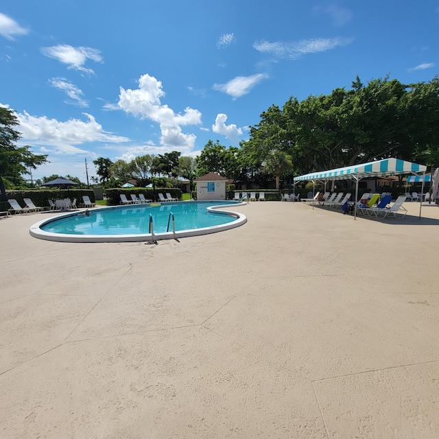 view of swimming pool with a patio