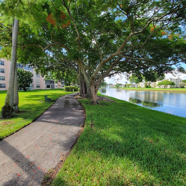 view of front of property with a water view and a front lawn