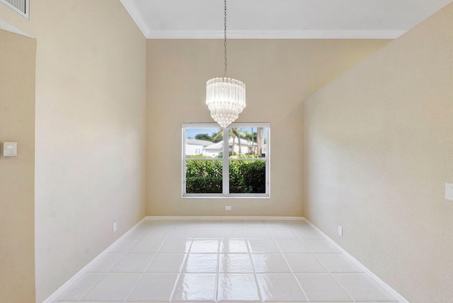 unfurnished dining area with light tile patterned floors, a notable chandelier, and ornamental molding