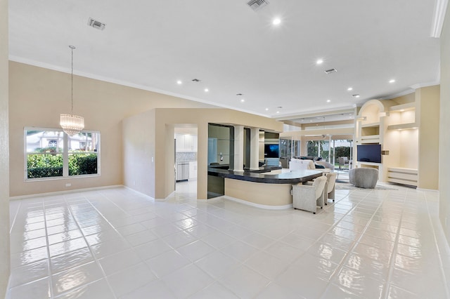 kitchen with dishwasher, light tile patterned floors, crown molding, an inviting chandelier, and decorative light fixtures