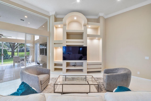 tiled living room featuring a textured ceiling, crown molding, and built in shelves