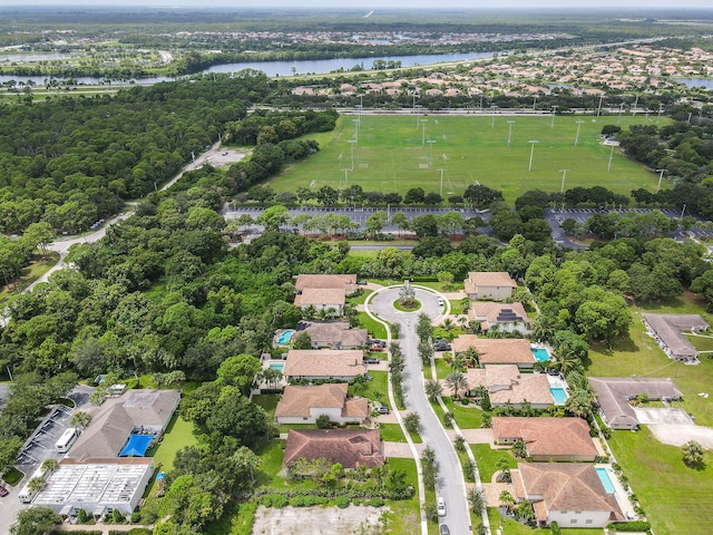 bird's eye view with a water view