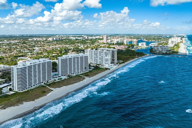 bird's eye view with a view of the beach and a water view