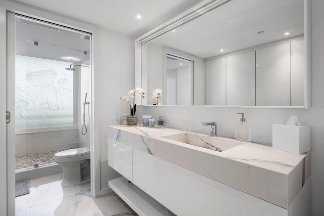 bathroom featuring vanity, toilet, and a shower