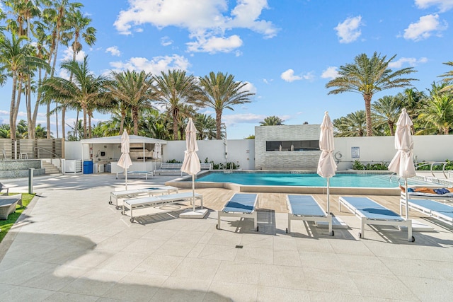 view of swimming pool featuring a patio area