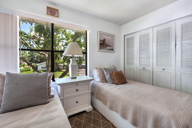 bedroom featuring multiple windows, a closet, and a textured ceiling