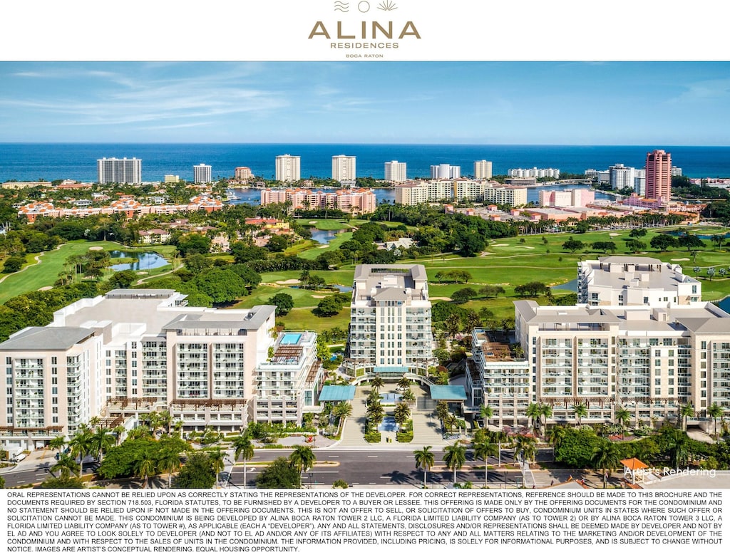 bird's eye view with a city view, golf course view, and a water view