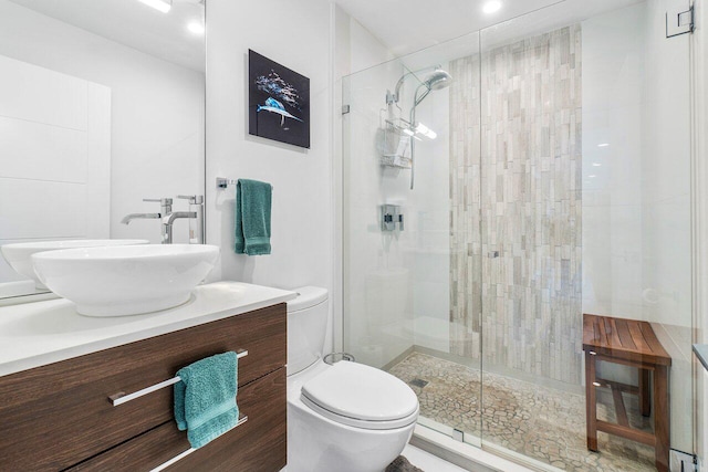 bathroom featuring vanity, toilet, and a shower with shower door