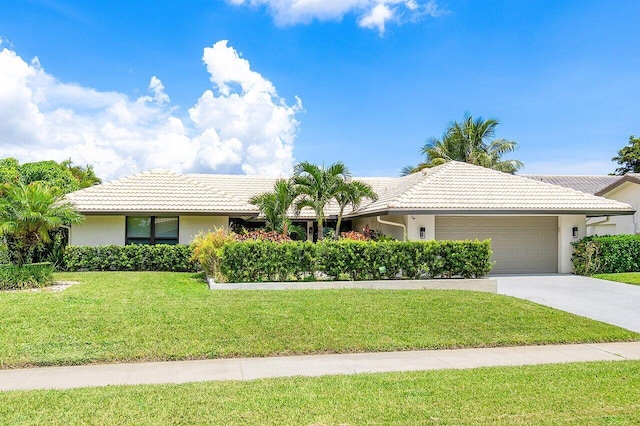 ranch-style home with a garage and a front lawn