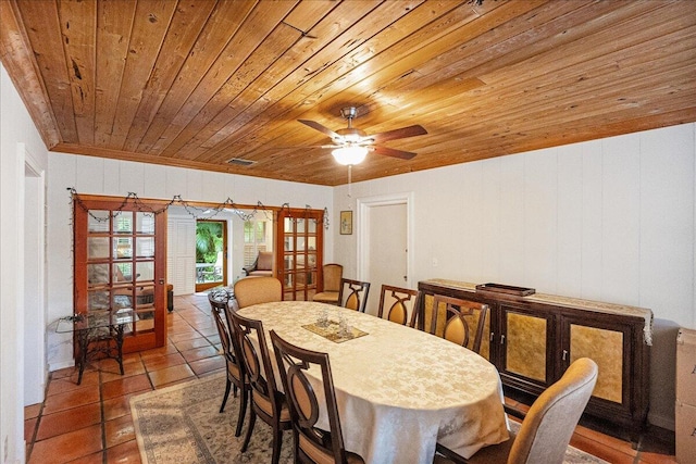 dining area featuring tile patterned flooring, visible vents, ceiling fan, wooden ceiling, and french doors