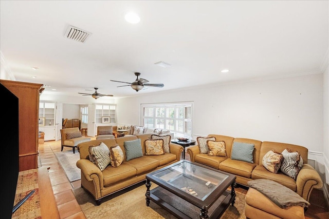 living room featuring a ceiling fan, recessed lighting, visible vents, and ornamental molding