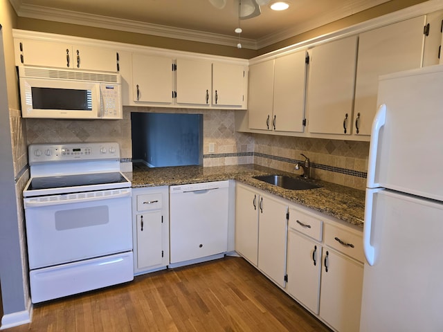 kitchen featuring white cabinetry, white appliances, wood-type flooring, and sink