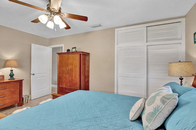 bedroom featuring ceiling fan and a closet