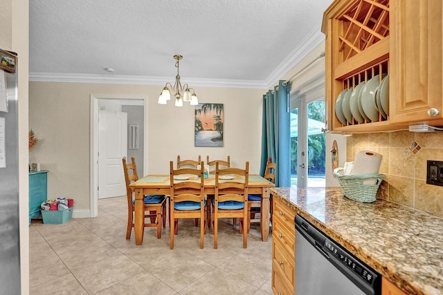 tiled dining room featuring french doors, a textured ceiling, a notable chandelier, and ornamental molding