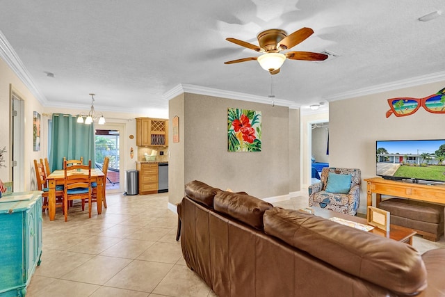 tiled living room featuring ceiling fan with notable chandelier, a textured ceiling, and ornamental molding